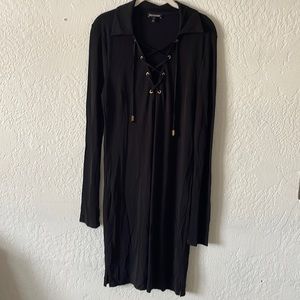 Juicy Couture Long Sleeve Dress Black Lace Up Collared V-neck Size L